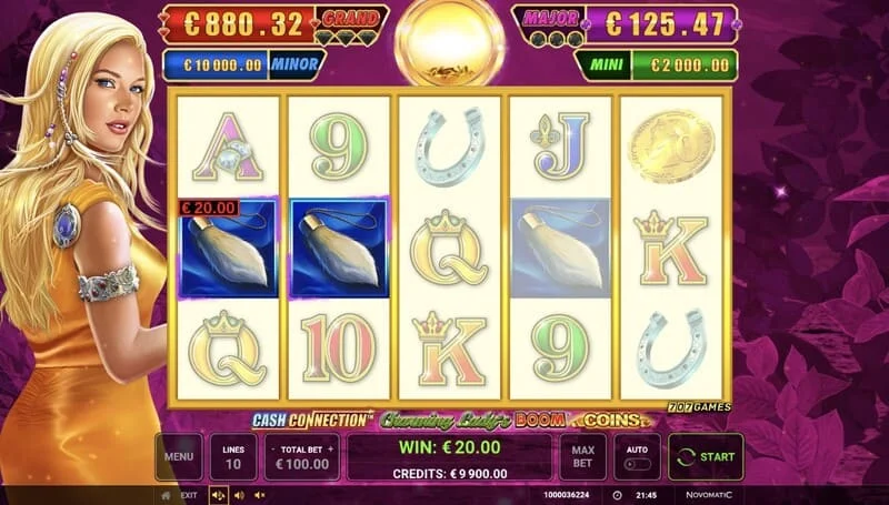 Cash Connection - Charming Lady's Boom Coins - Skrini ya msingi ikiwa na ushindi wa laini